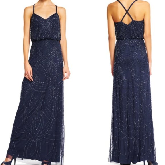 Adrianna Papell Beaded Blouson Gown Navy - Picture 2 of 6